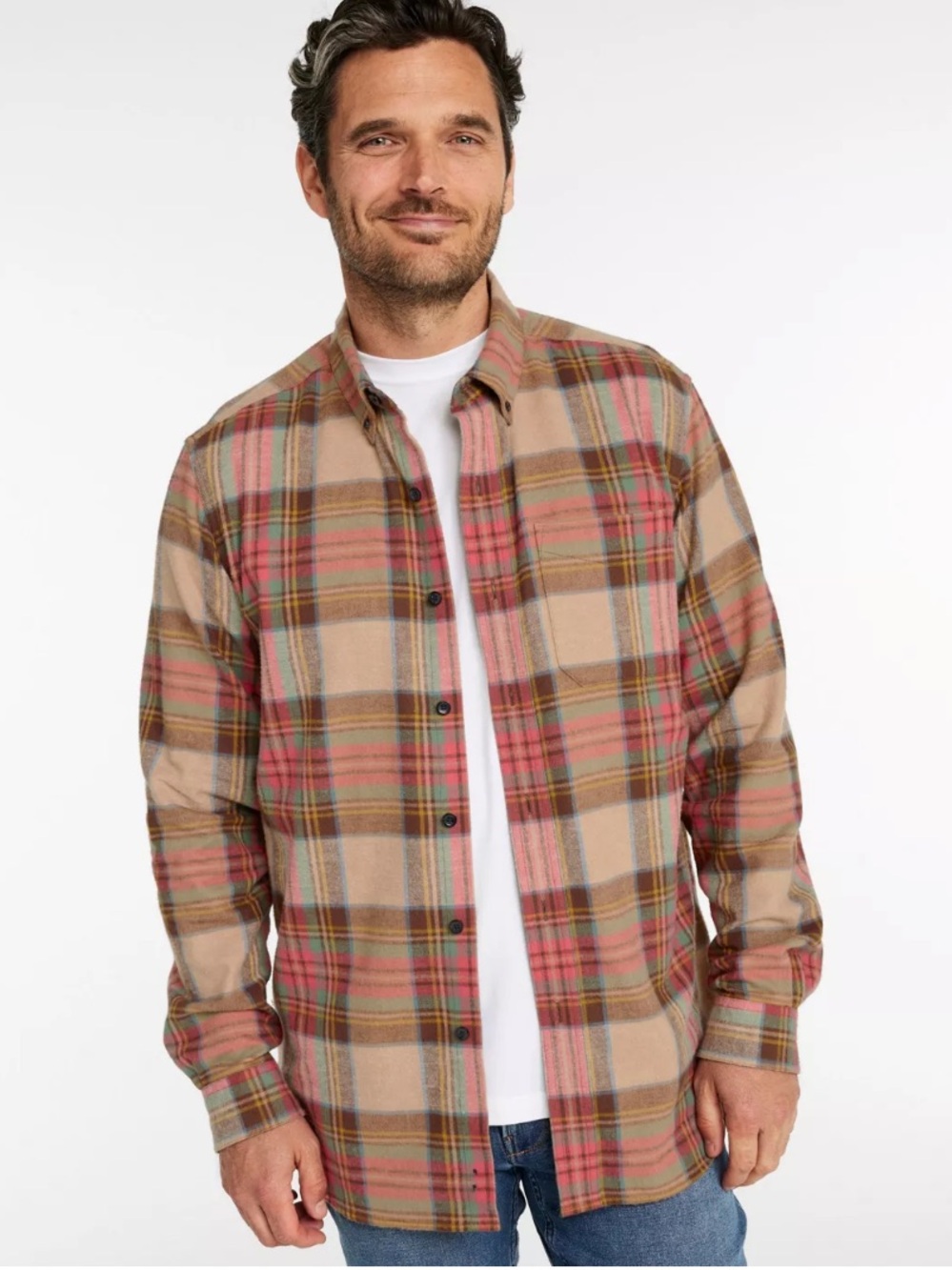 L.L Bean Men's Scotch Plaid Flannel Button Down Shirt Traditional Fit Red Tan XL